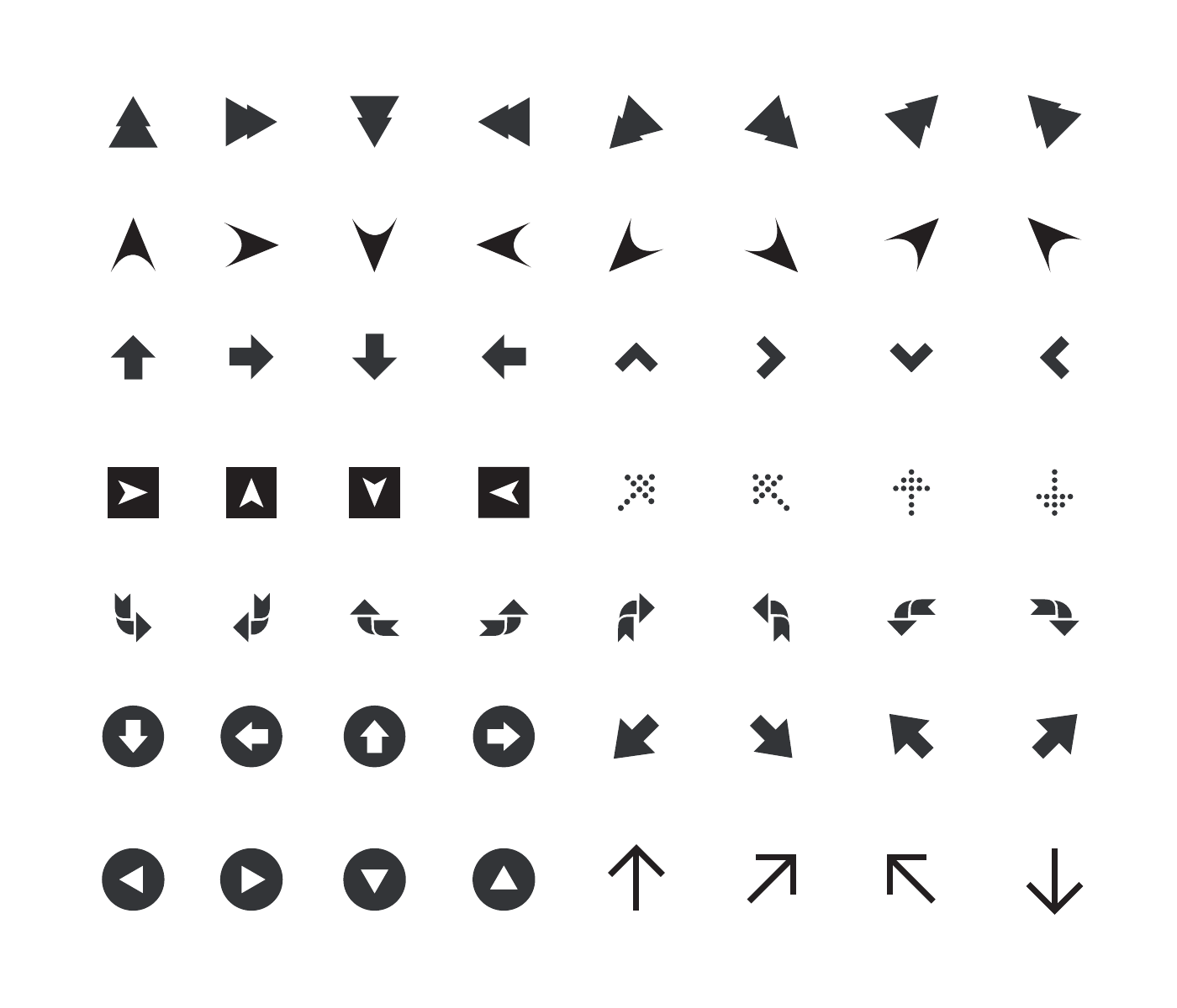The original sheet of 56 vector arrows in seven rows: straight, diagonal, curved, dotted, circled and squared forms